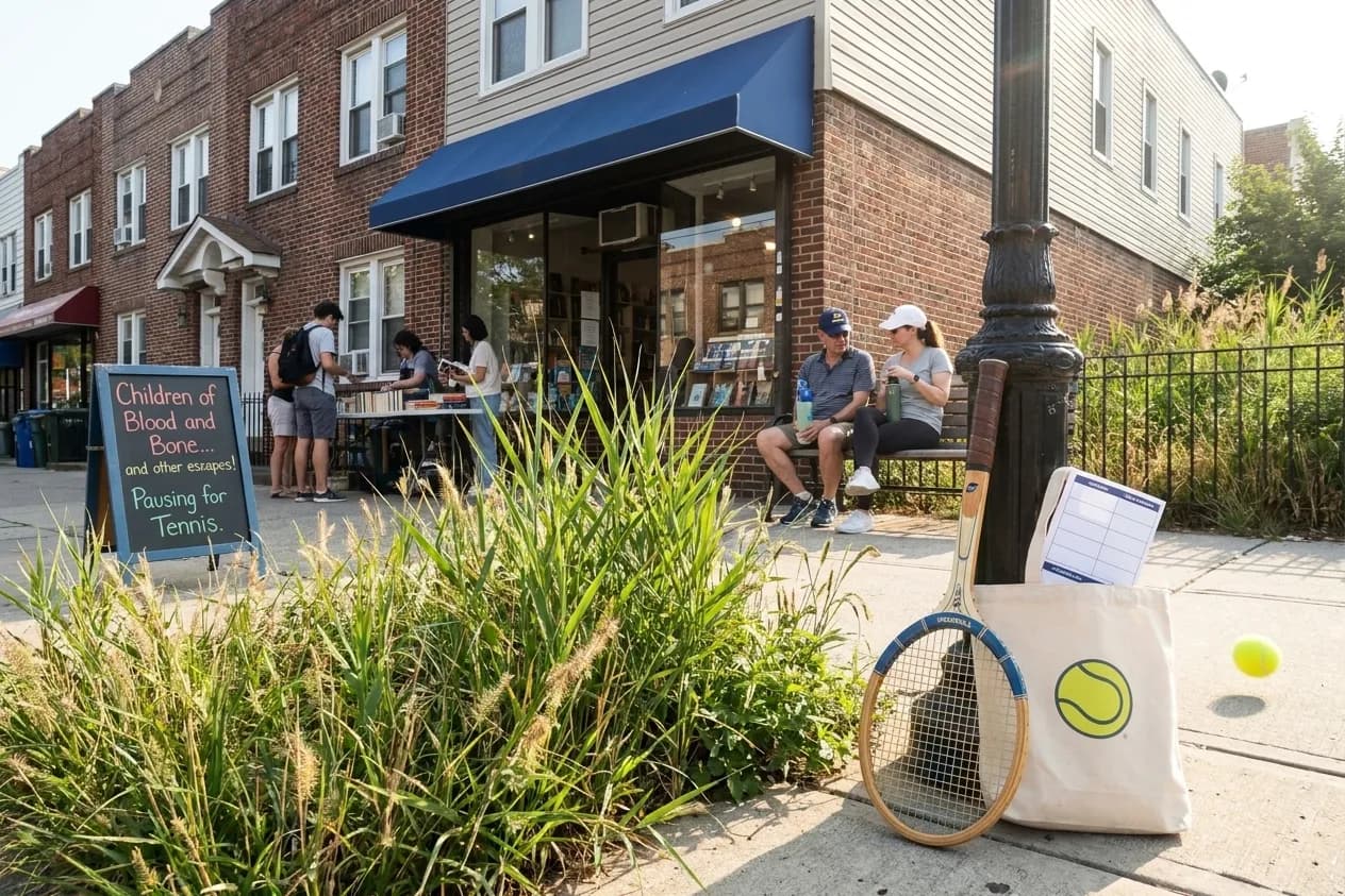 A bright Queens local-life scene connected to Children of Blood and Bone Bookshop Breaks Before US Open.