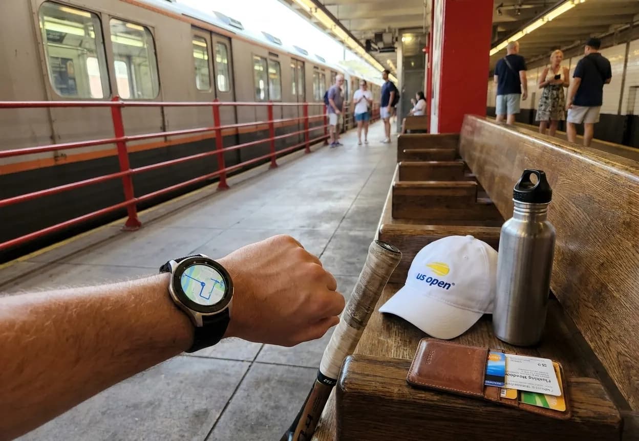 A bright Queens local-life scene inspired by new york subway platform, with subtle US Open details.