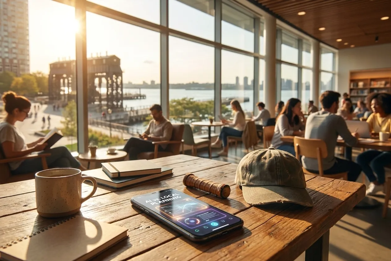 A bright New York local-life cover for Gemini AI Versus Local Knowledge for Planning Queens Tennis Weekends, inspired by queens library interior.