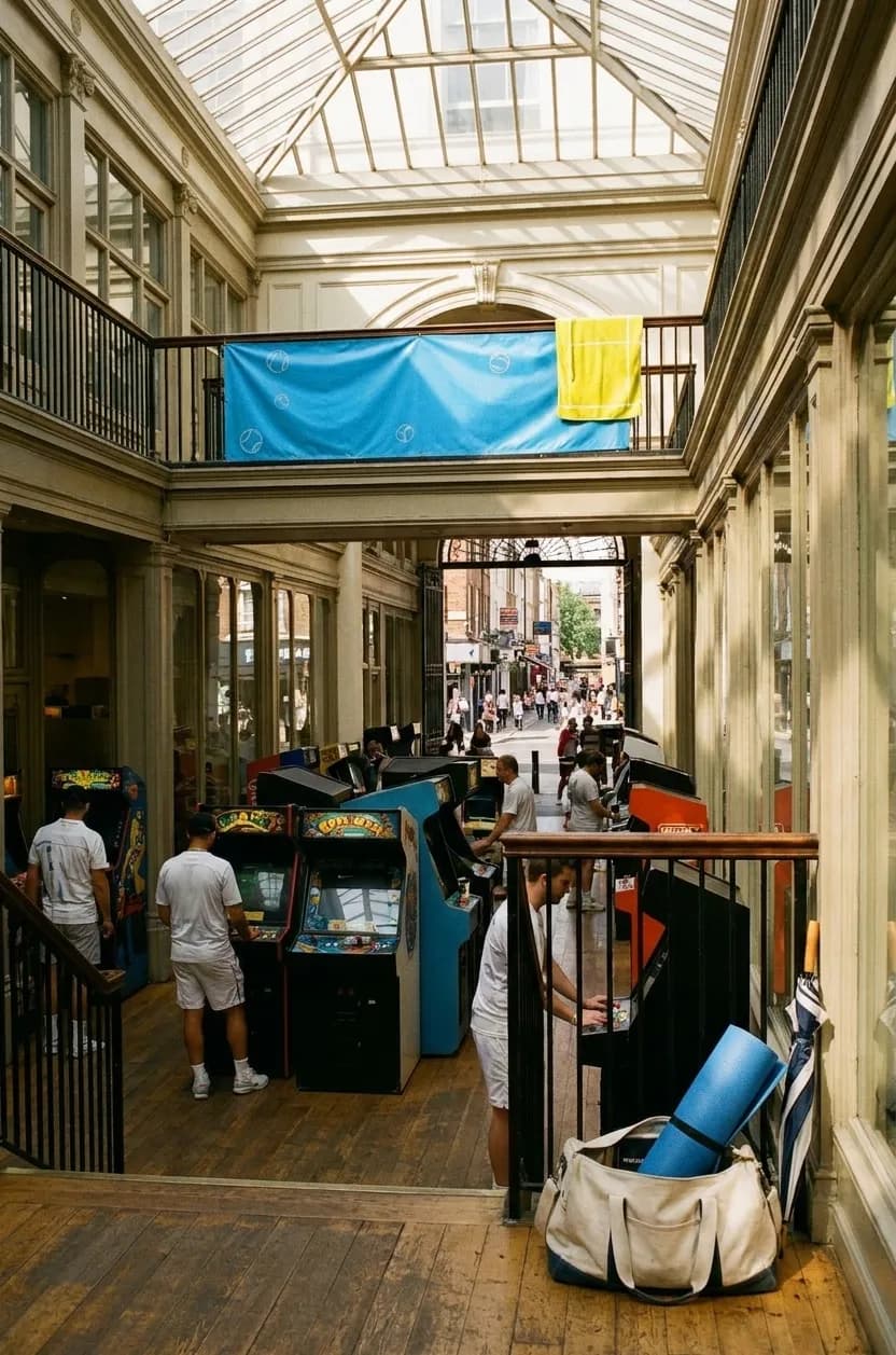 A distinct New York editorial scene inspired by new york arcade interior, connected to US Open week.