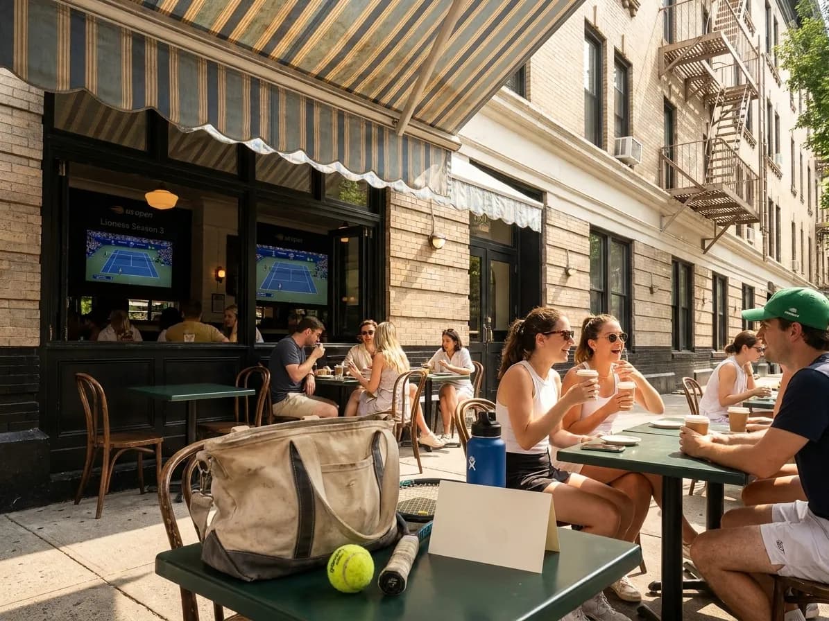 A bright Queens local-life scene connected to Lioness Season 3 Viewing: NYC Streaming Cafes During US Open.