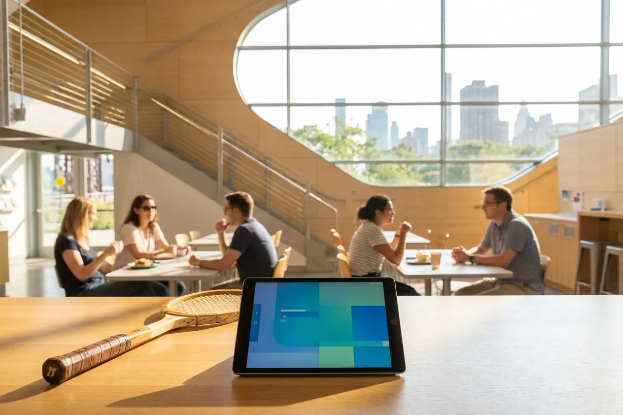 A bright New York local-life cover for AI Bubble or Breakthrough? NYC Tennis Tech During US Open, inspired by queens library interior.