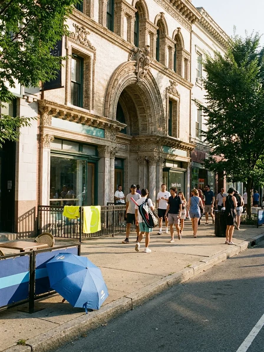 A distinct New York editorial scene inspired by new york arcade interior, connected to US Open week.