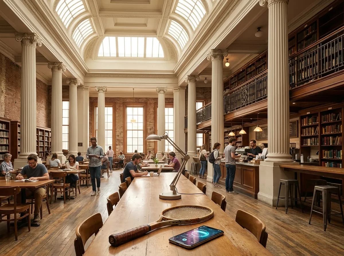 A bright New York local-life cover for Sam Altman Singularity Meets Automated Tennis Culture in New York, inspired by queens library interior.