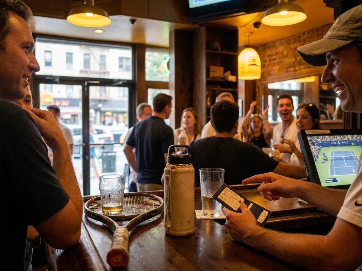 A bright Queens local-life scene inspired by new york cafe interior, with subtle US Open details.