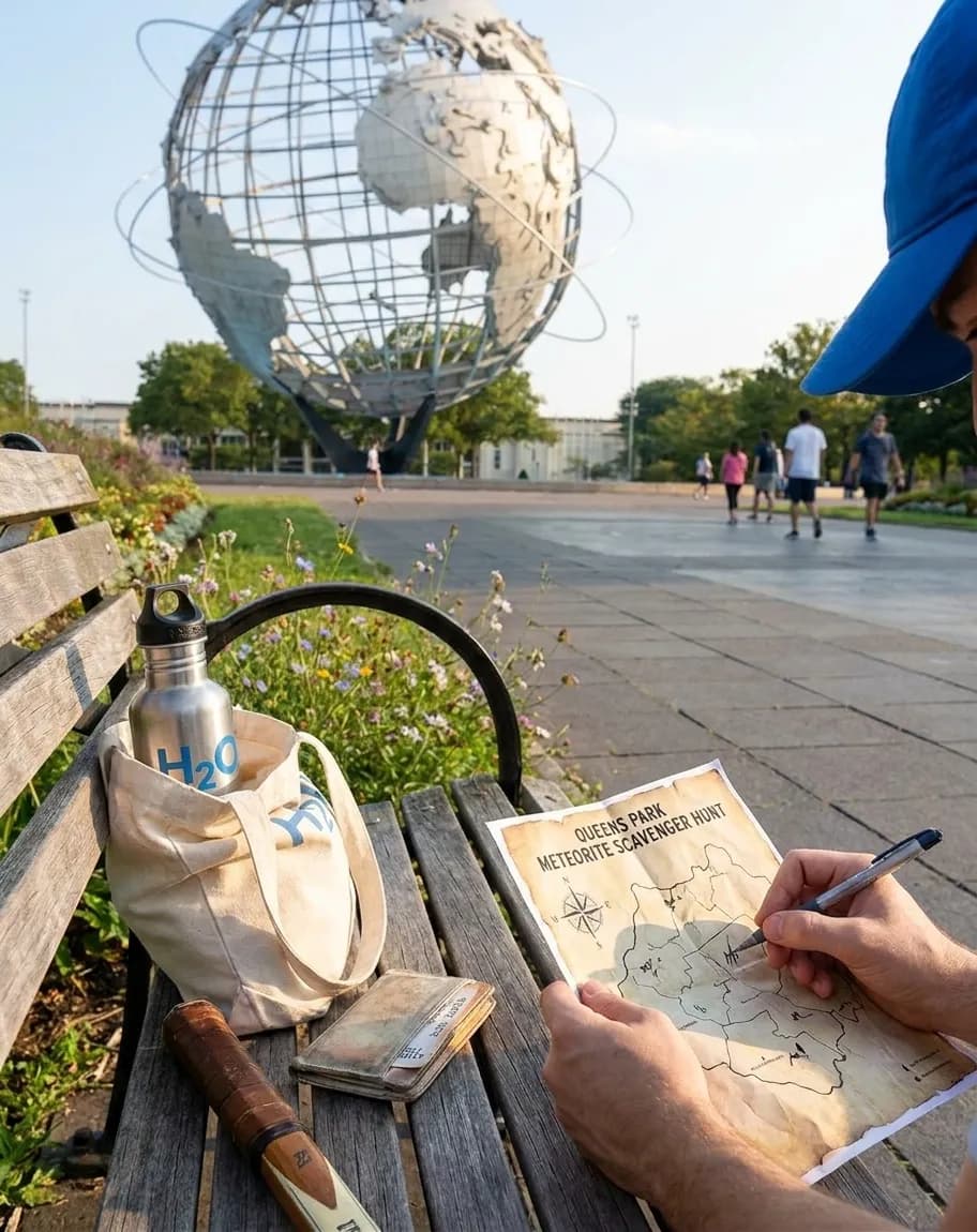A bright Queens local-life scene inspired by unisphere queens, with subtle US Open details.