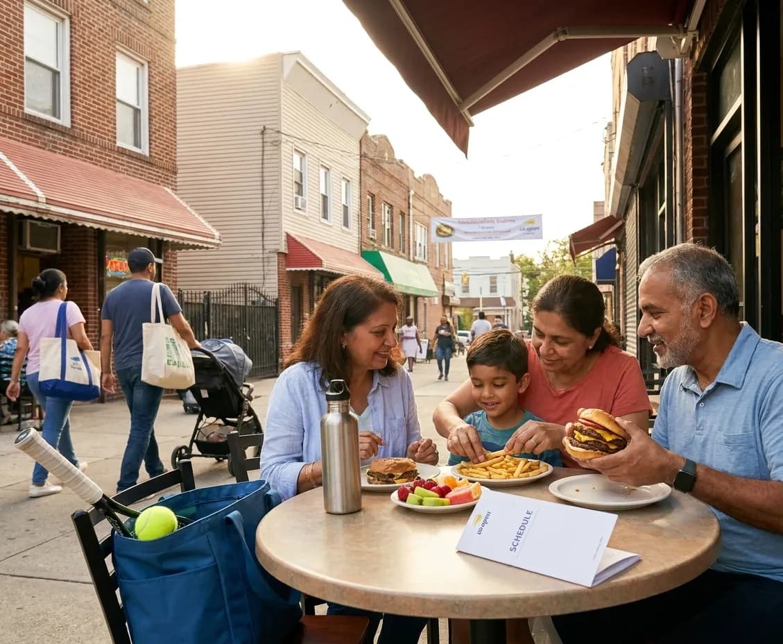 A bright Queens local-life scene connected to Royals vs Twins Family Meals Around US Open Afternoons.