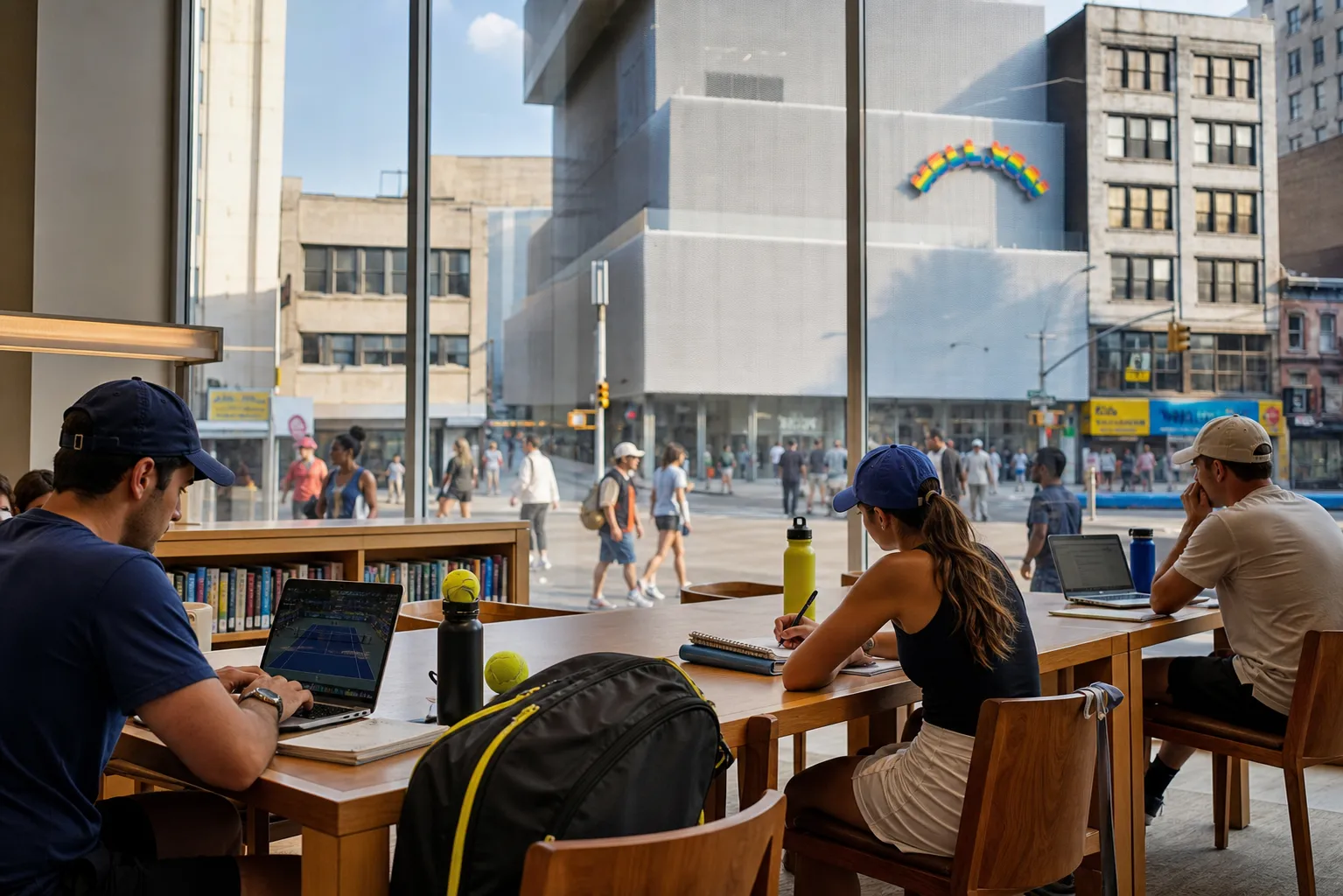 A bright Queens local-life scene connected to Nationals Vs Phillies Near US Open 2026: Quiet Library Work Tables Between Matches.