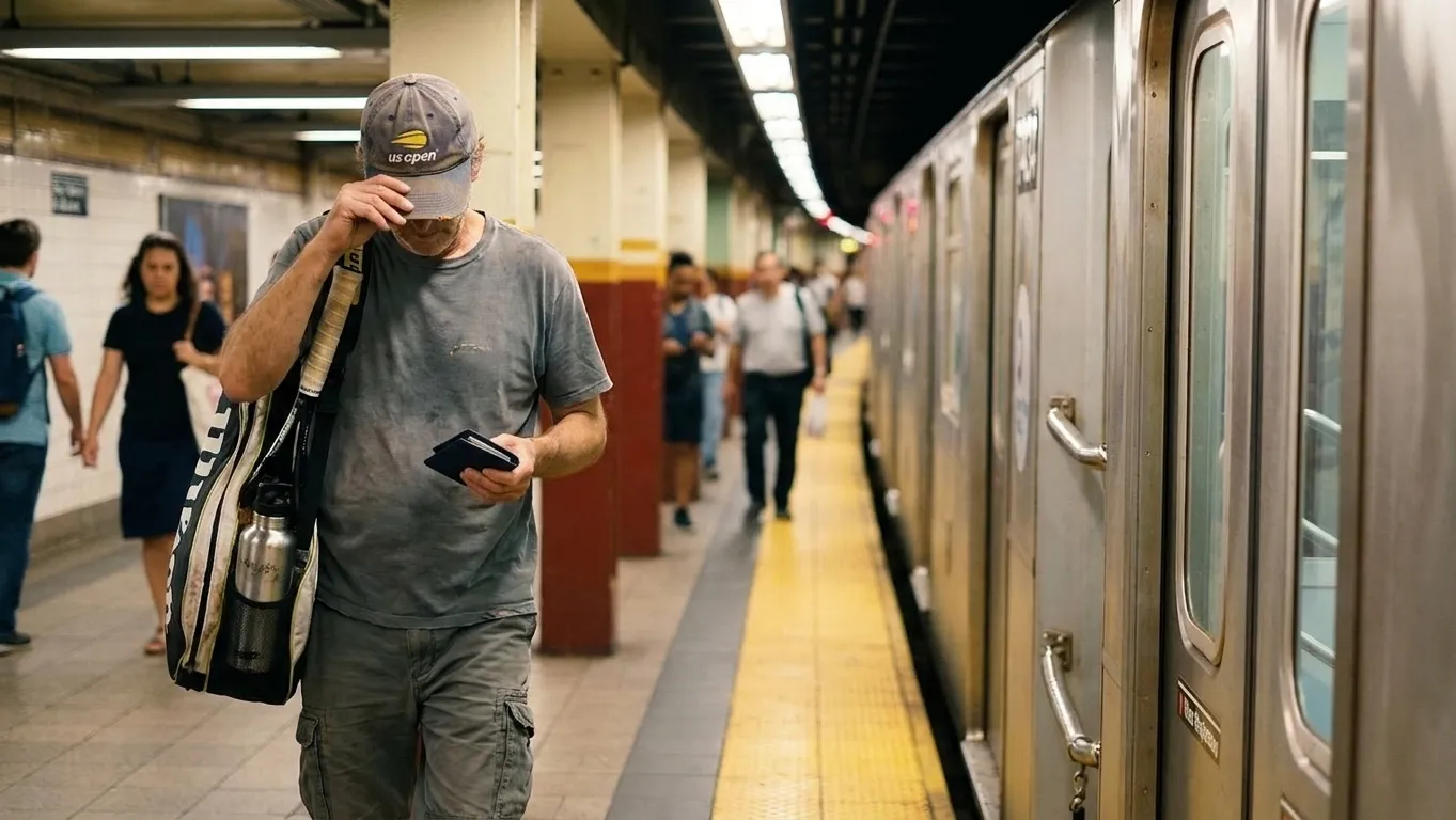 A bright Queens local-life scene inspired by new york subway platform, with subtle US Open details.