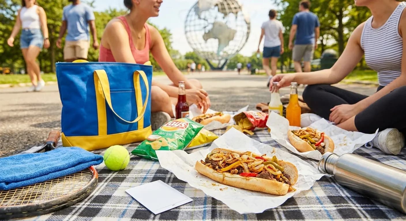 Bright realistic US Open 2026 local-life cover for Blue Jays Phillies Cheesesteak Stops Near US Open 2026.
