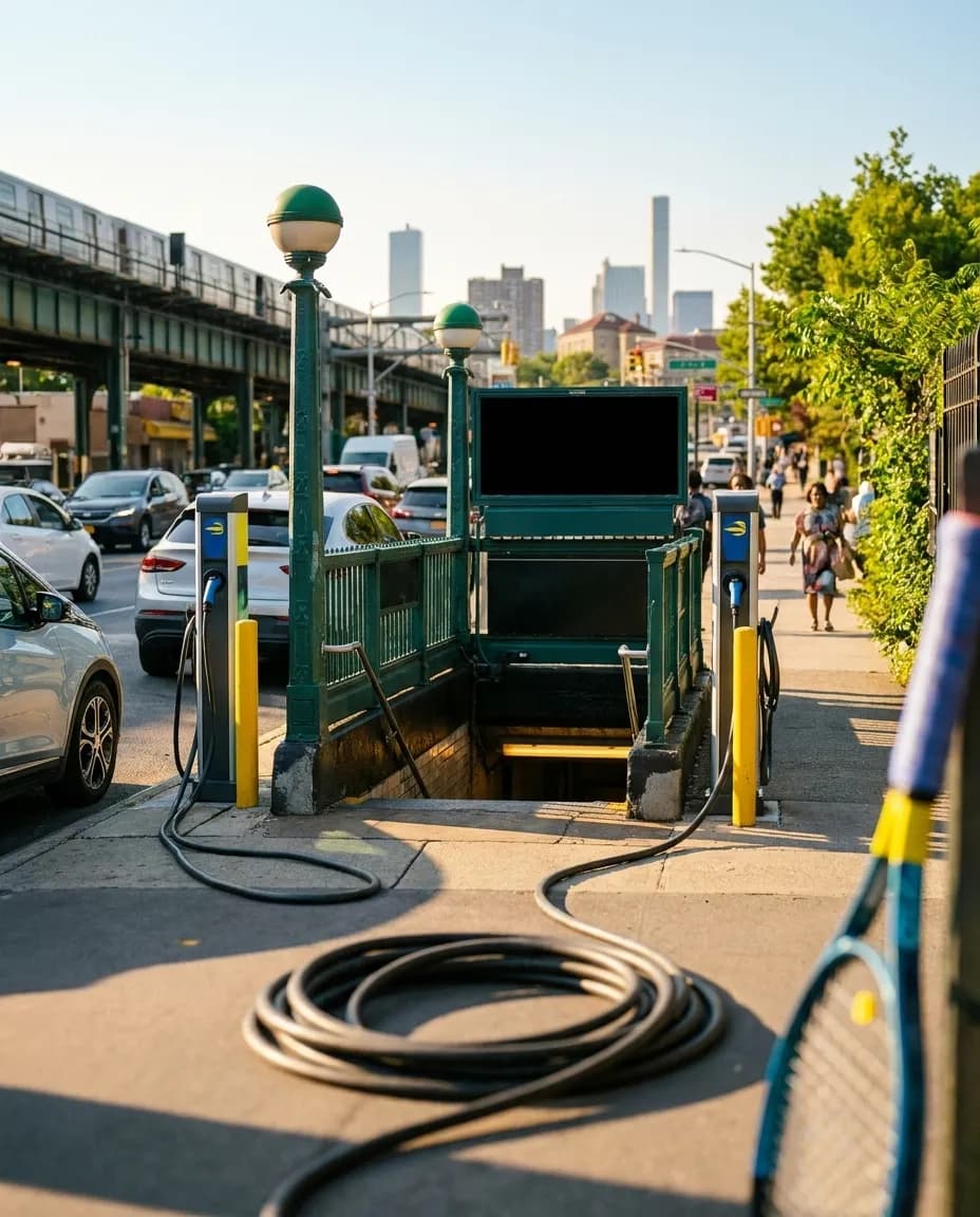 A bright New York local-life cover for Electric Car Charging Stops Around Queens Before US Open Sessions, inspired by queens subway station.