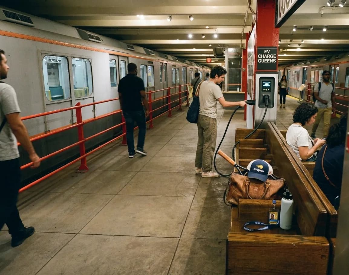 A bright Queens local-life scene inspired by new york subway platform, with subtle US Open details.