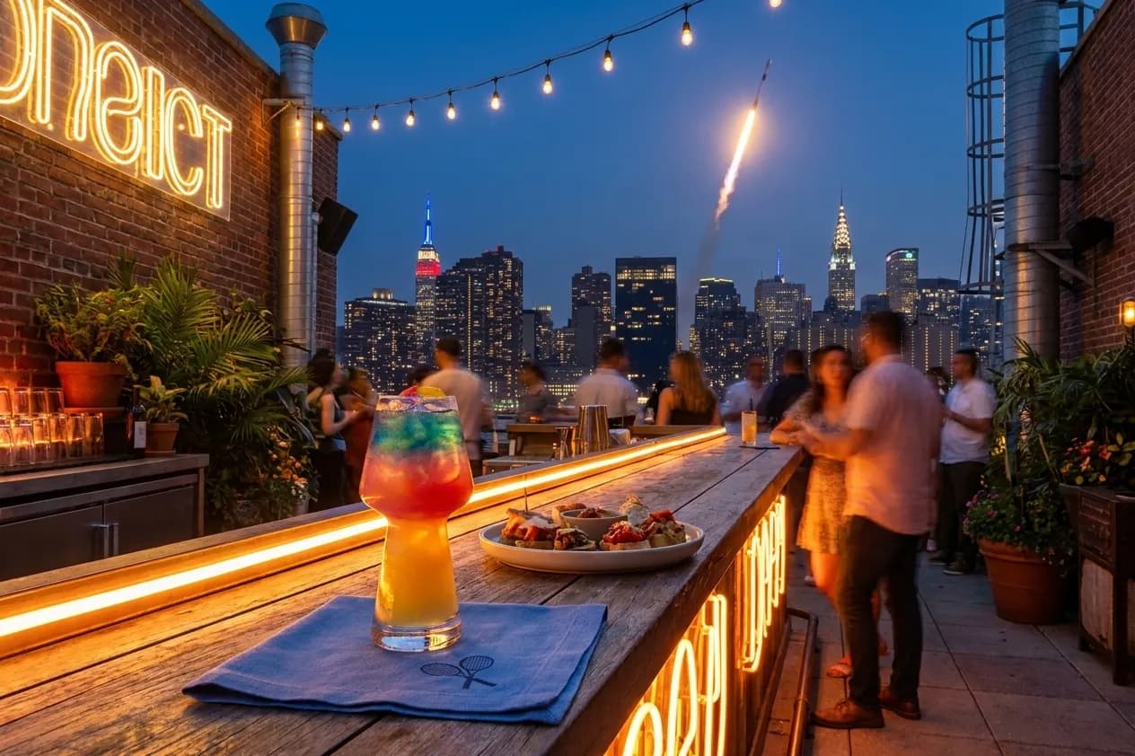 A bright New York local-life cover for SpaceX Launch Viewing Rooftops After US Open Nights in Queens, inspired by long island city skyline night.