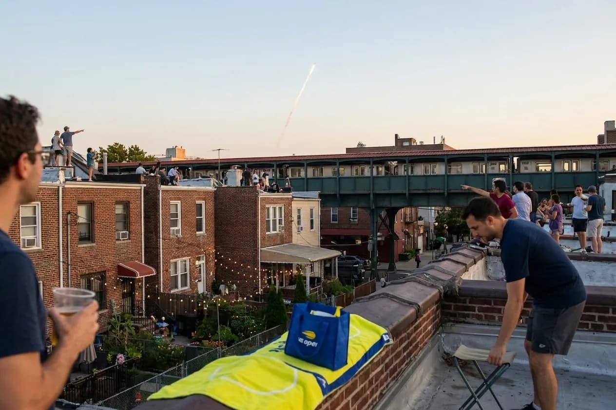 A distinct New York editorial scene inspired by astoria queens street night, connected to US Open week.