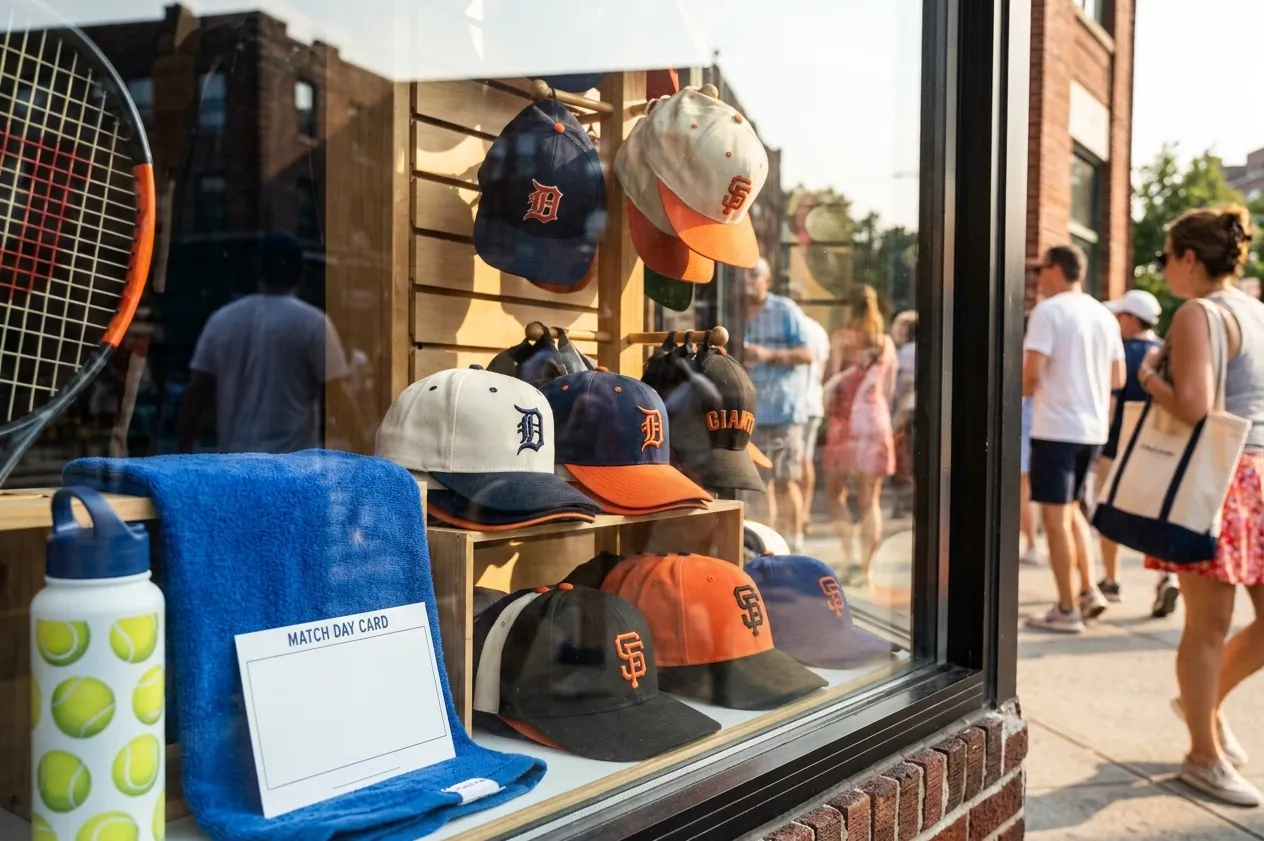 Bright Queens local-life detail for Tigers Giants Baseball Cap Shops During US Open 2026.