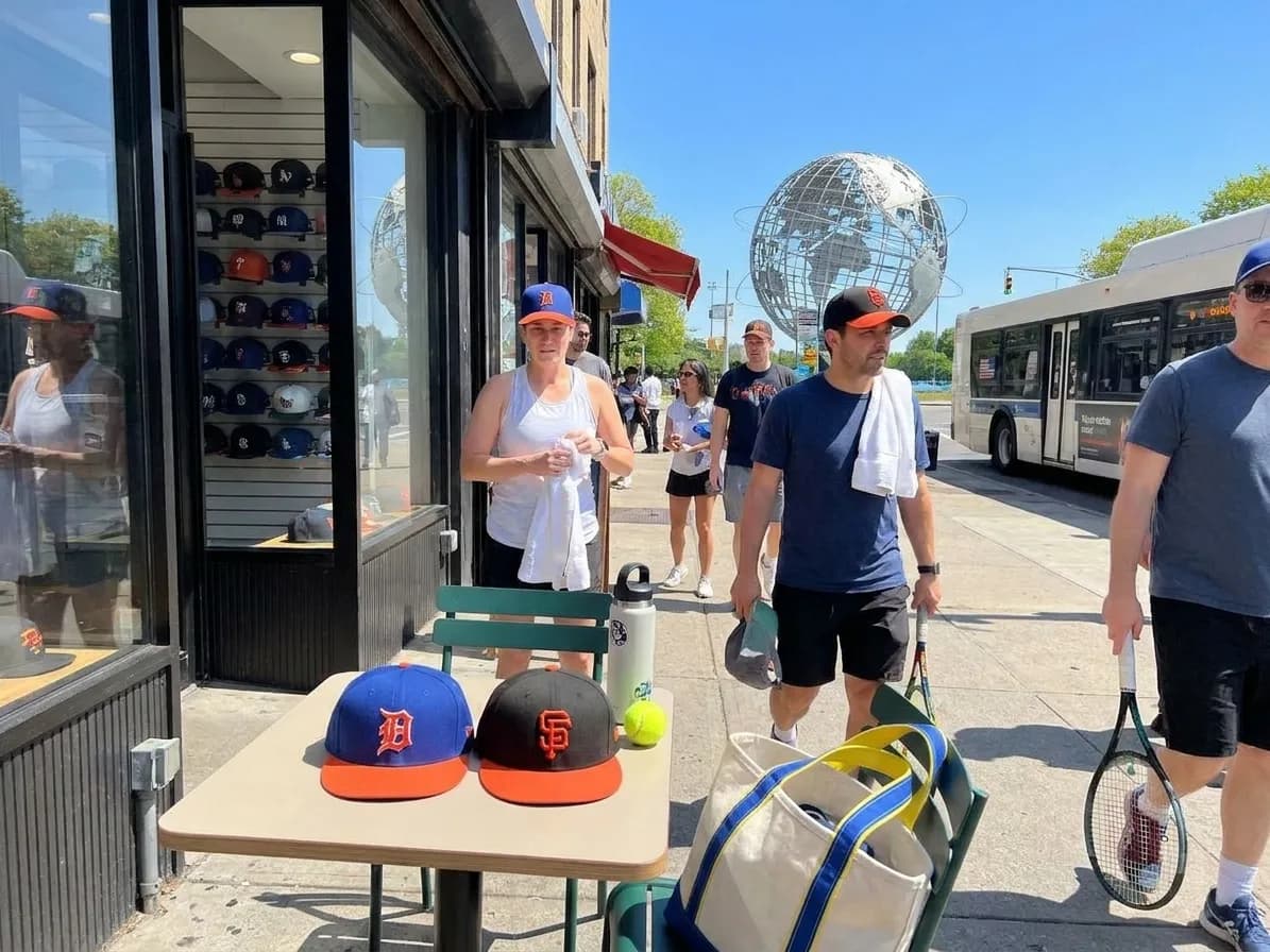 Bright Queens local-life detail for Tigers Giants Baseball Cap Shops During US Open 2026.