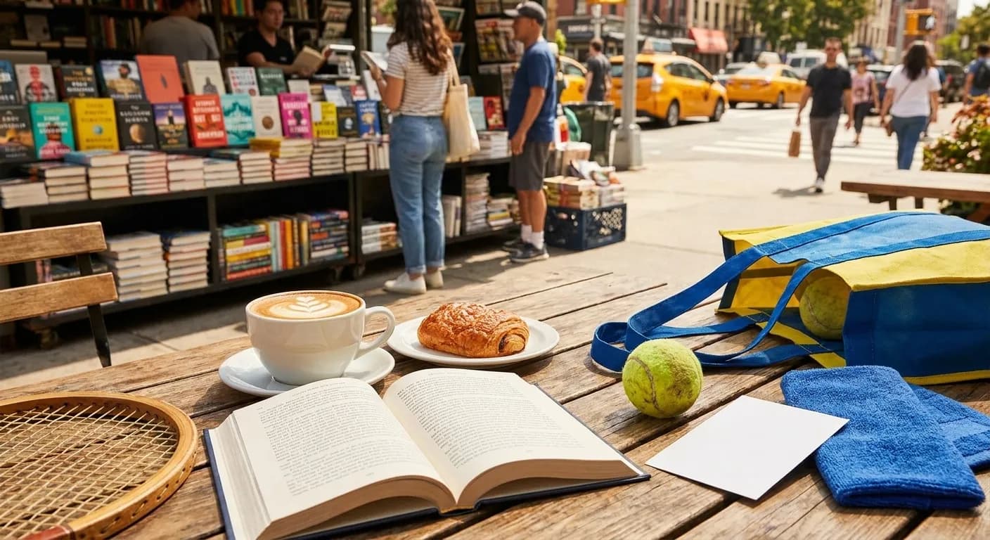 Bright realistic US Open 2026 local-life cover for 7 Brew Route Before US Open 2026 Bookstore Pause.