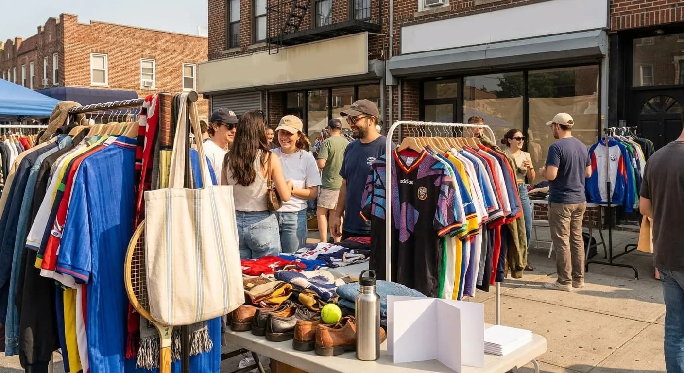 A bright Queens local-life scene connected to Charlotte vs Pumas UNAM Vintage Market Near US Open.