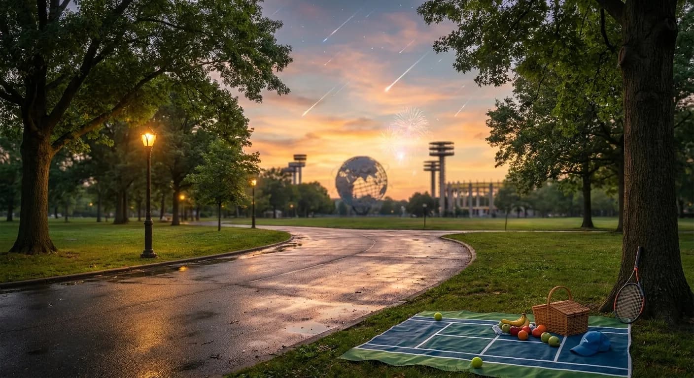 A bright New York local-life cover for Perseid Meteor Showers From Queens Parks After US Open Matches, inspired by flushing meadows corona park.