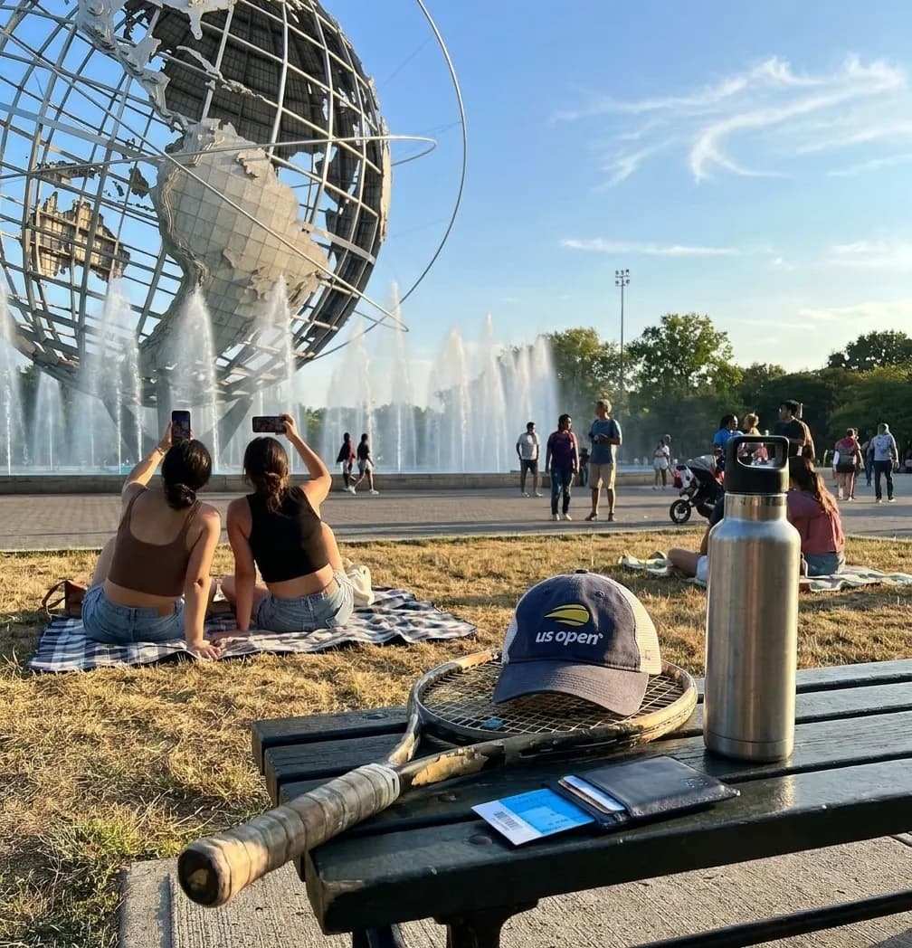 A bright Queens local-life scene inspired by unisphere queens, with subtle US Open details.
