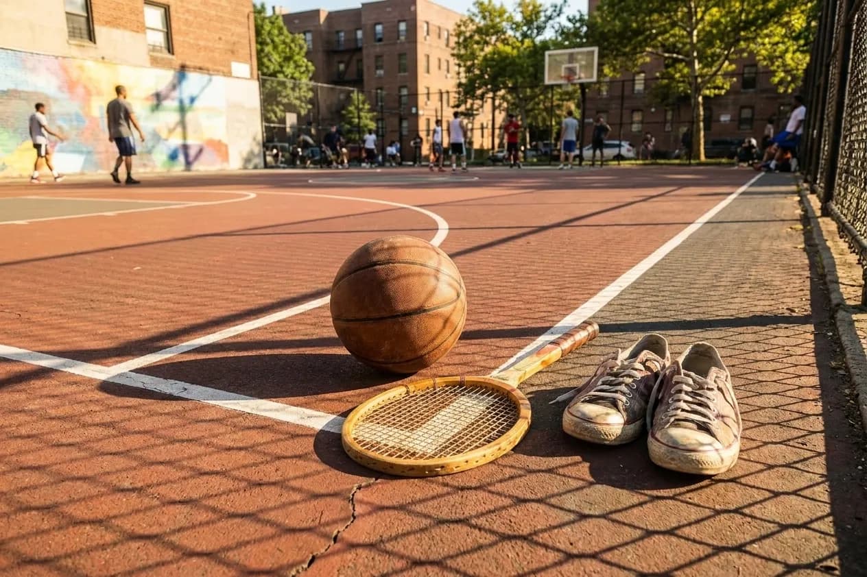 A bright New York local-life cover for LeBron James Longevity Lessons From NYC Studios During US Open, inspired by queens basketball court.