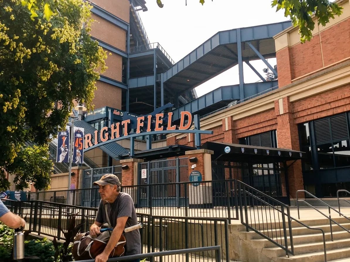 A bright Queens local-life scene inspired by citi field queens, with subtle US Open details.
