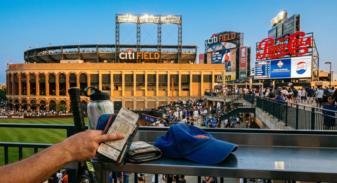 A bright Queens local-life scene inspired by citi field queens, with subtle US Open details.