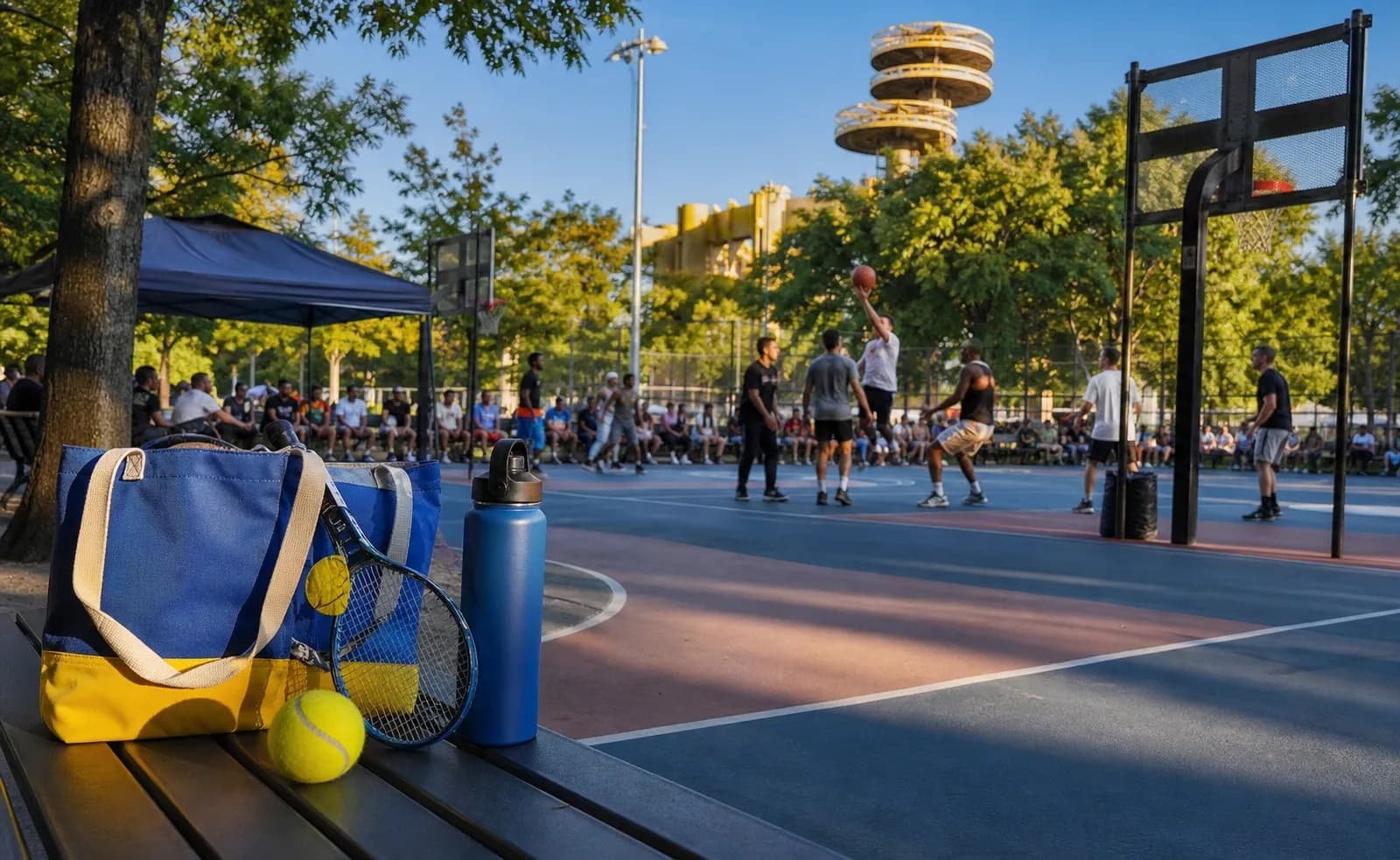 A bright Queens local-life scene connected to Sparks vs Sky WNBA Outdoor Courts Near US Open.