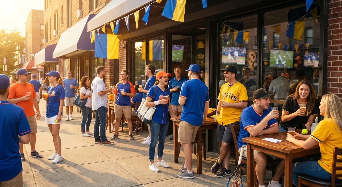 Bright realistic US Open 2026 local-life cover for Mets Pirates Queens Pub Route During US Open 2026.