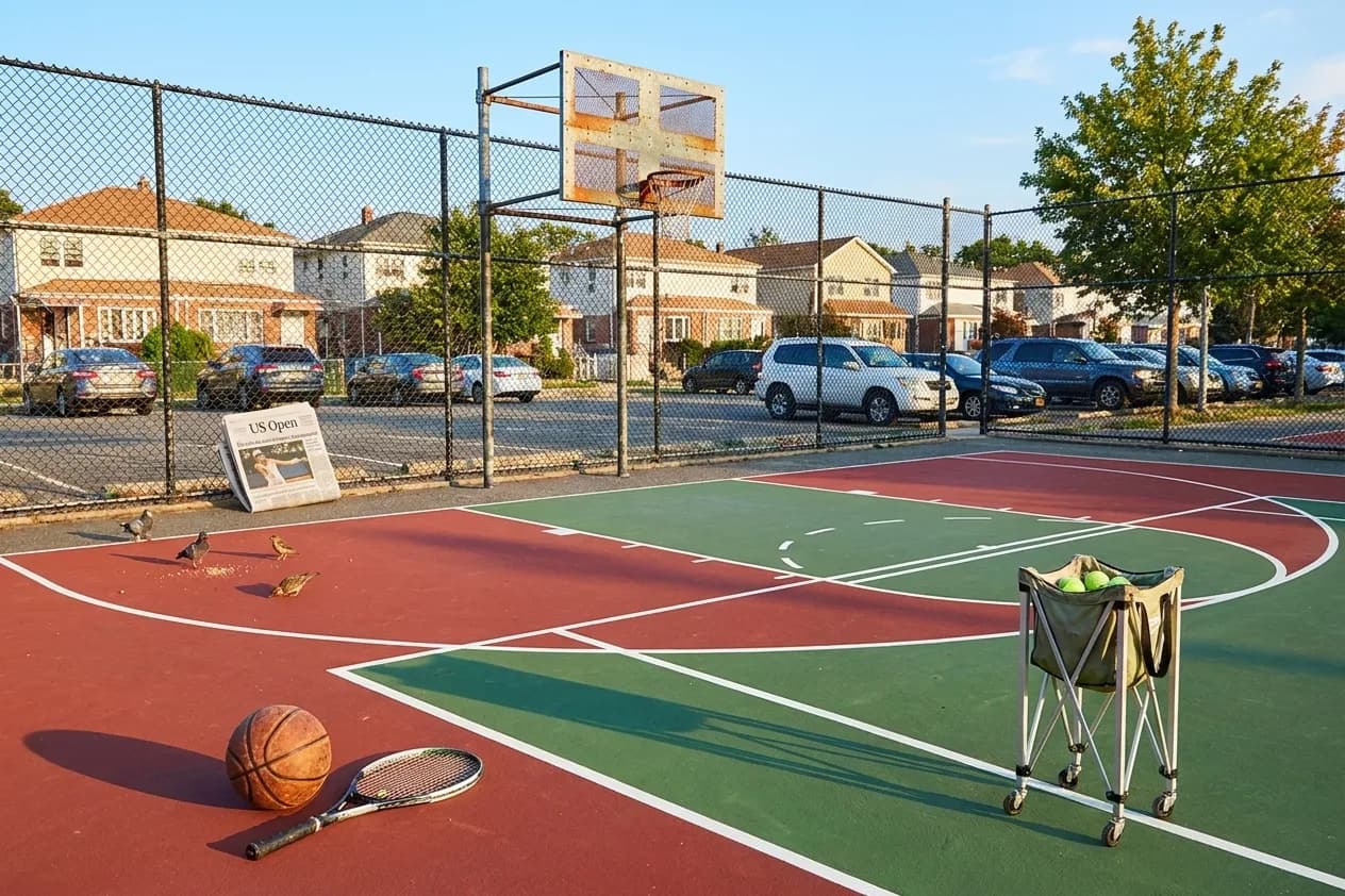 A bright New York local-life cover for Steph Curry Precision Meets NYC Basketball Courts During US Open Week, inspired by queens basketball court.