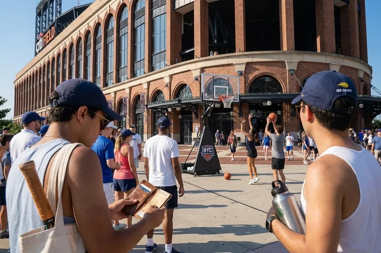 A bright Queens local-life scene inspired by citi field queens, with subtle US Open details.