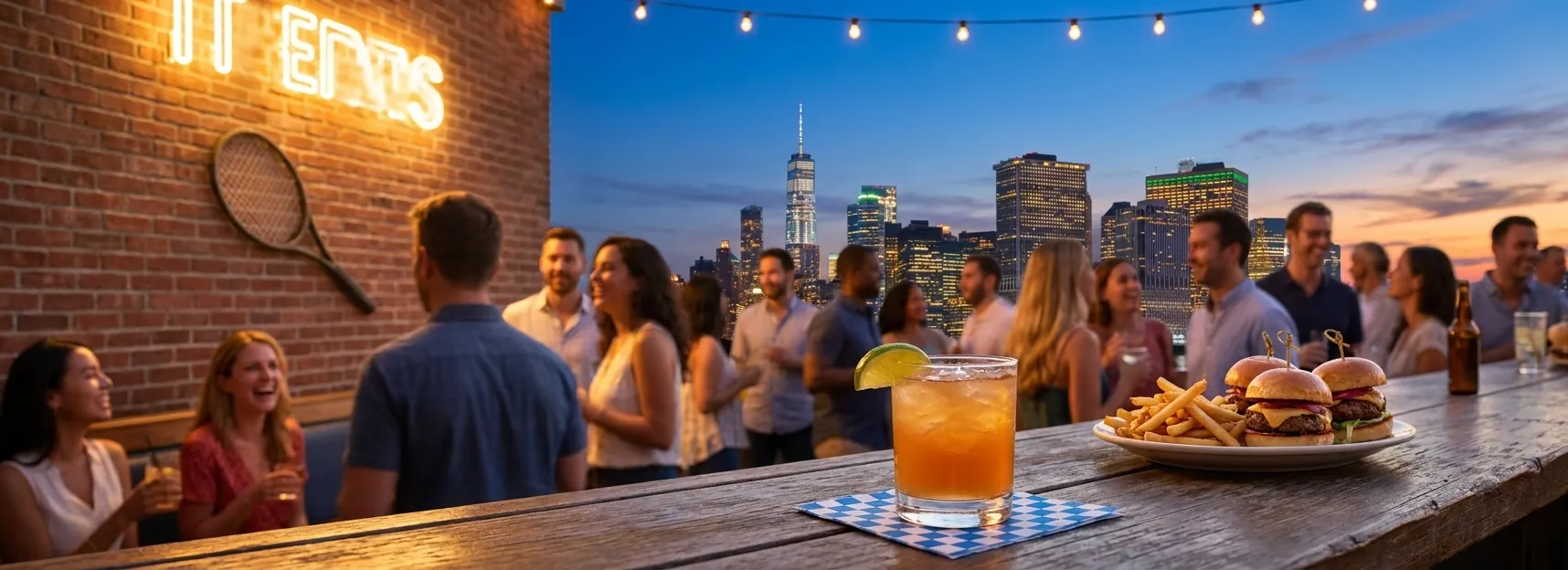 A bright New York local-life cover for Caitlin Clark Fandom and Women’s Sports Bars Near Queens US Open, inspired by long island city skyline night.