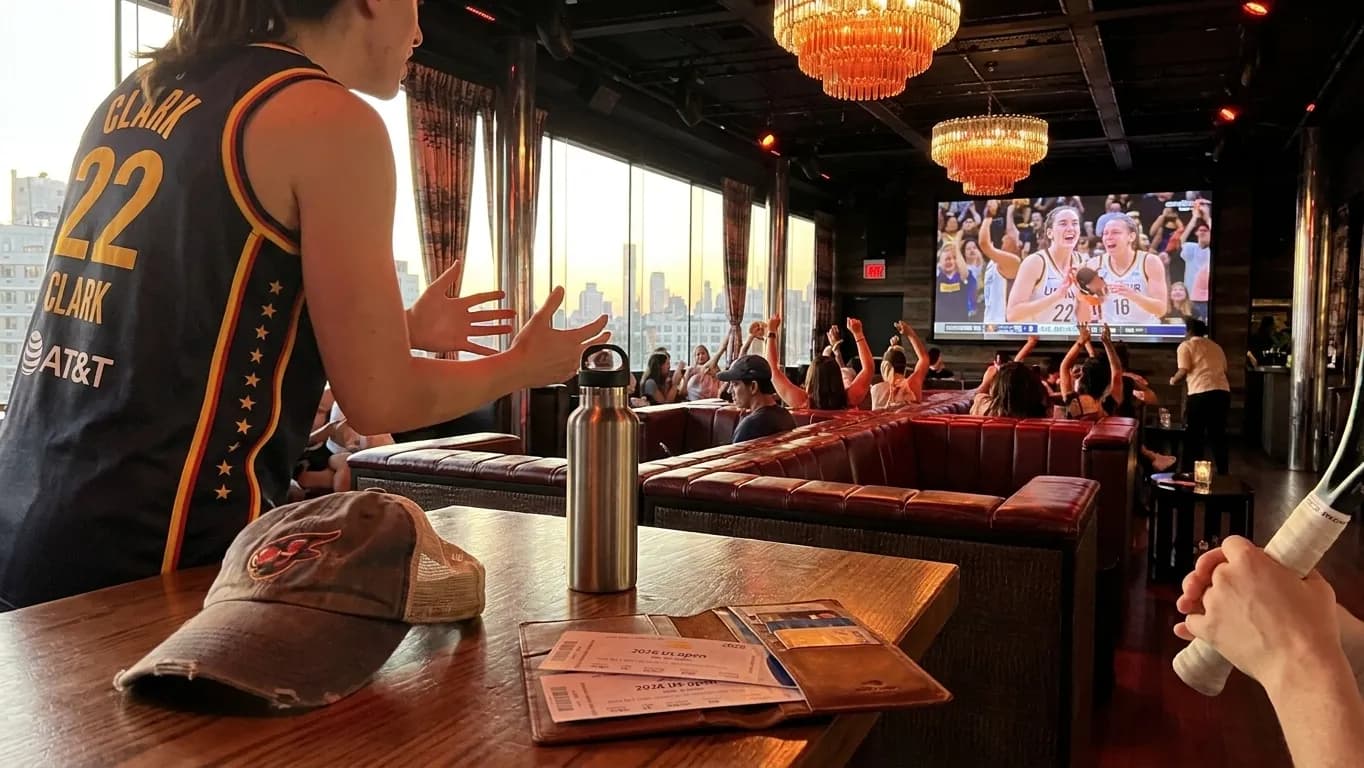 A bright Queens local-life scene inspired by new york rooftop night, with subtle US Open details.