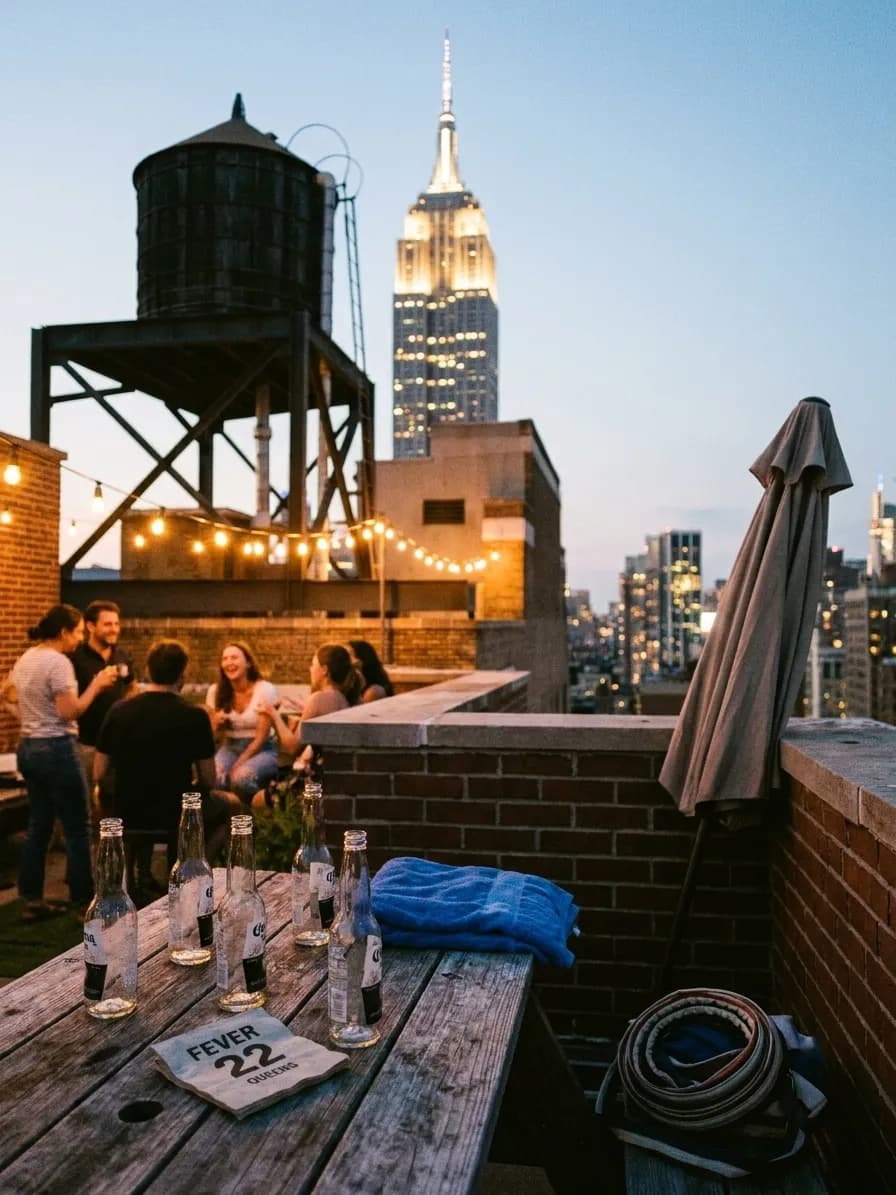 A distinct New York editorial scene inspired by new york rooftop night, connected to US Open week.