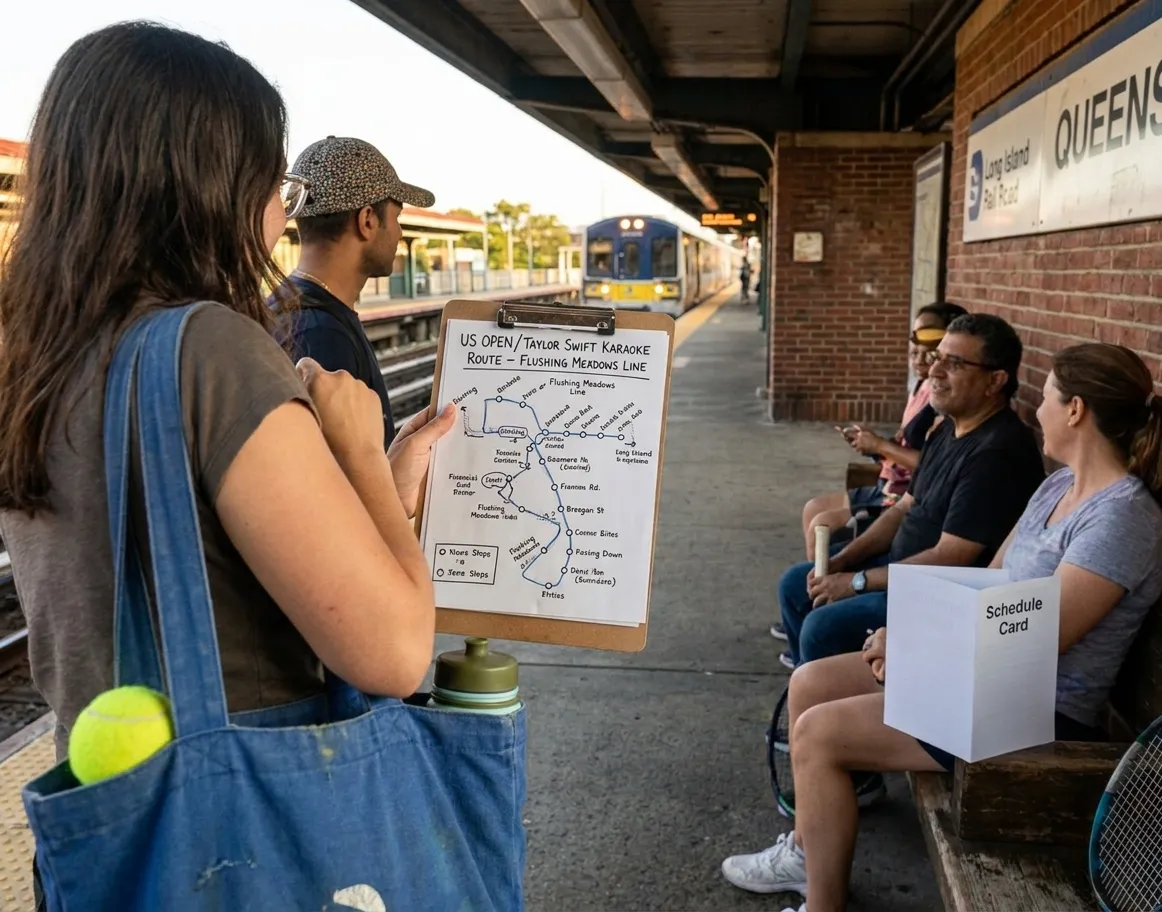 A bright Queens local-life scene connected to Taylor Swift Karaoke Routes After US Open Night Sessions.