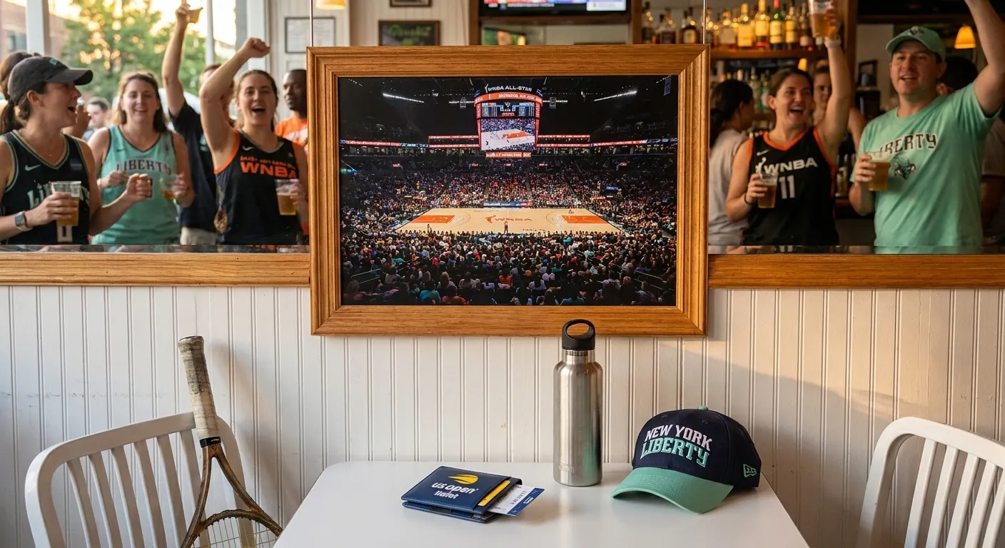 A bright Queens local-life scene inspired by new york cafe interior, with subtle US Open details.