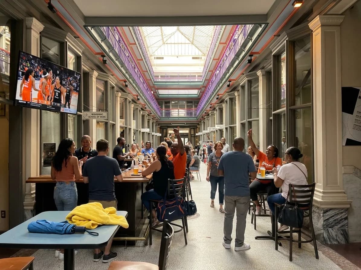 A distinct New York editorial scene inspired by new york arcade interior, connected to US Open week.