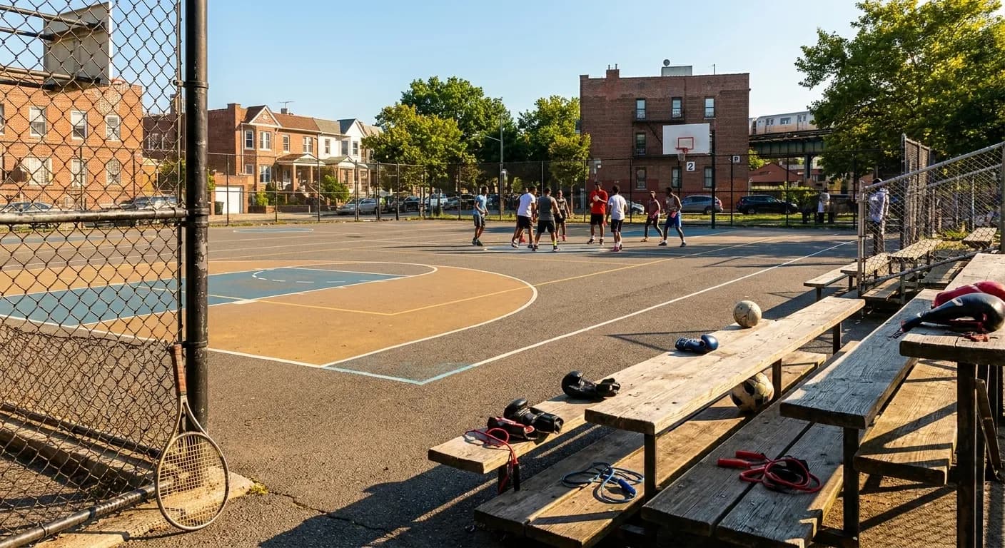 A bright New York local-life cover for Anthony Joshua Footwork Classes Near Queens During US Open Week, inspired by queens basketball court.