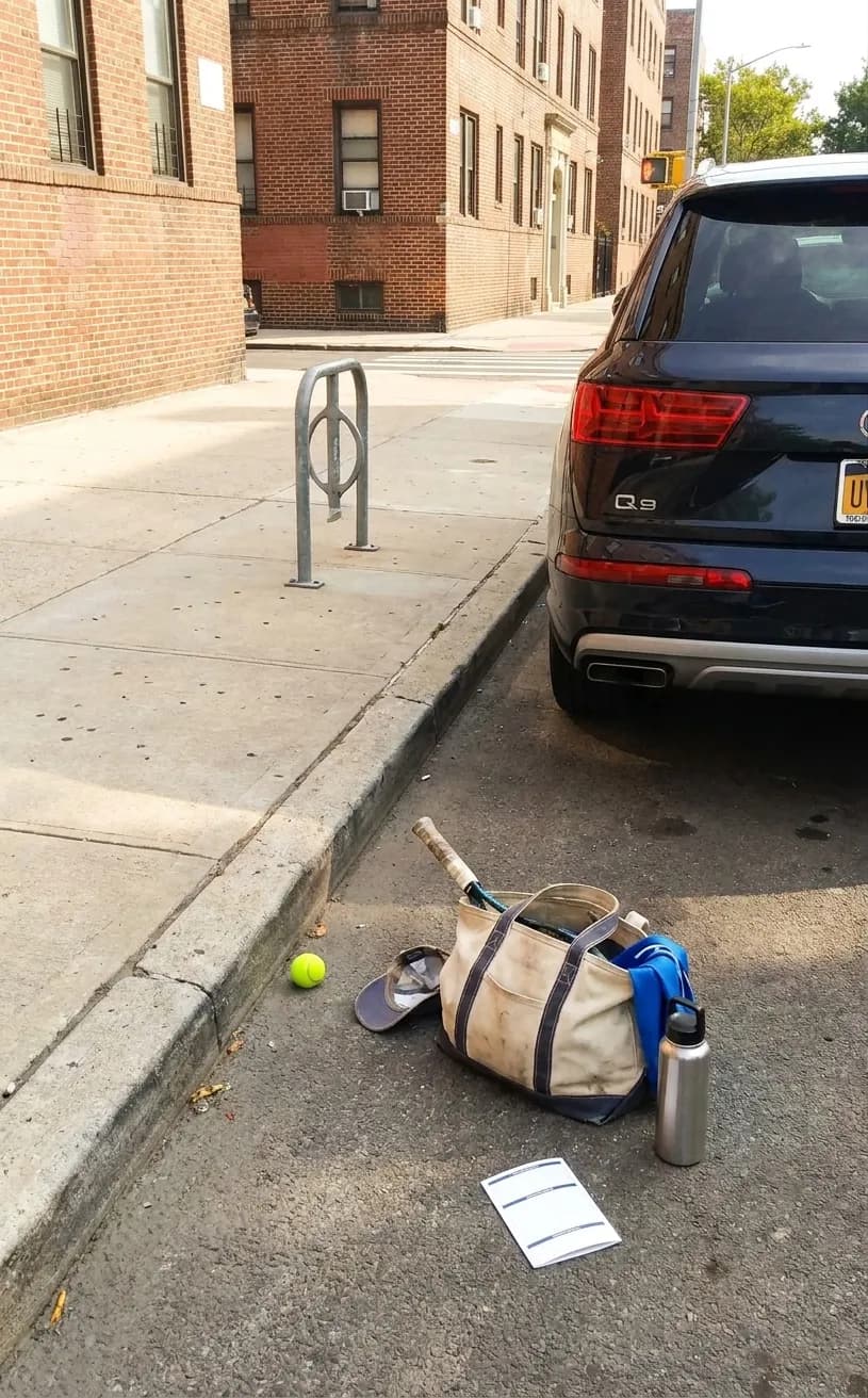 A bright Queens local-life scene connected to Audi Q9 Parking Questions Around US Open Car Days.