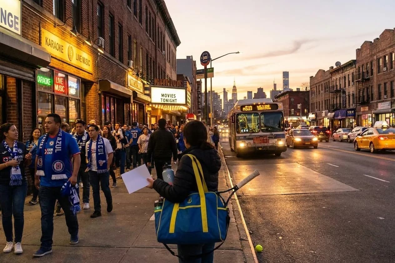 A bright Queens local-life scene connected to Toluca Cruz Azul Soccer Bars During US Open Week.