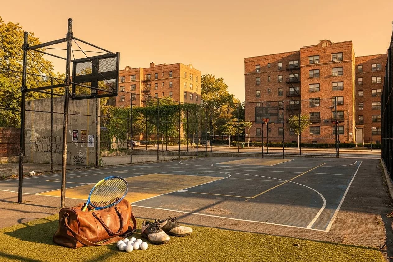 A bright New York local-life cover for Jackson Koivun Focus Lessons From NYC Golf Simulators Between Matches, inspired by queens basketball court.