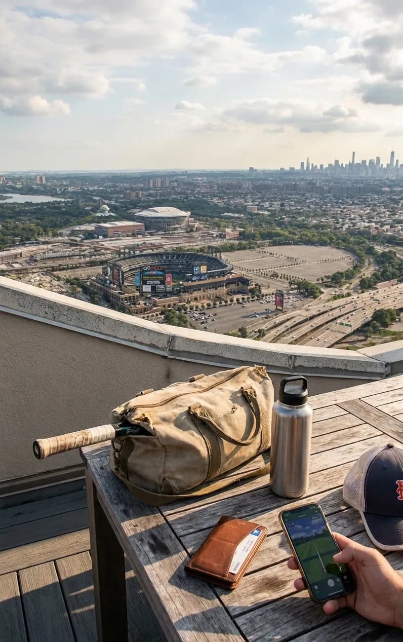 A bright Queens local-life scene inspired by citi field queens, with subtle US Open details.