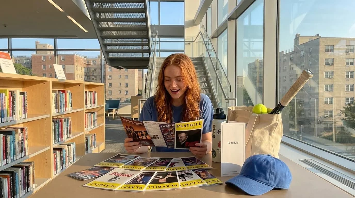 Bright New York local-life cover for Sadie Sink Theater Nights After Queens Tennis Sessions.