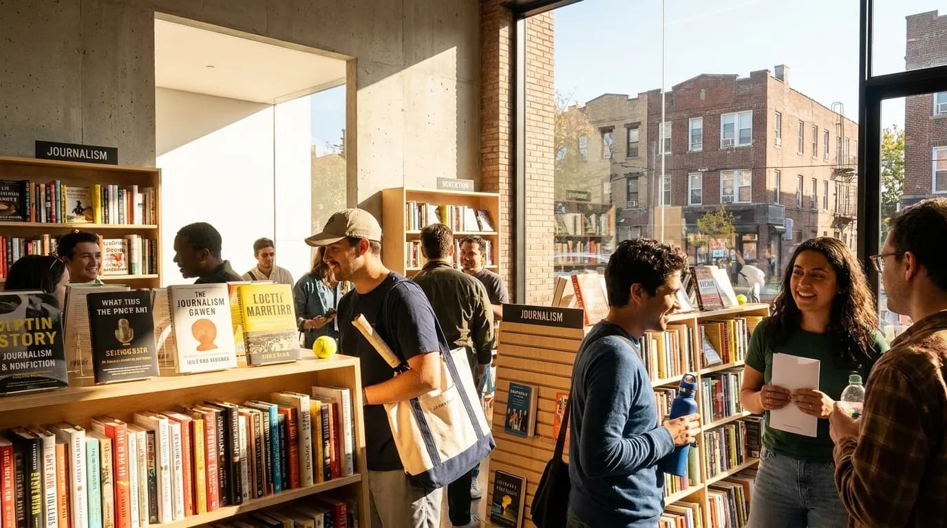 Bright New York local-life cover for Scott Pelley News Style: Queens Bookstores for Journalism Reads Open Week.
