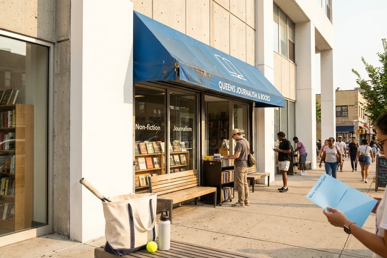 A bright Queens local-life scene connected to Scott Pelley News Style: Queens Bookstores for Journalism Reads Open Week.