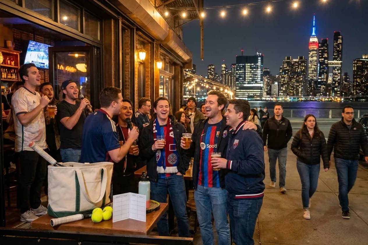 Bright New York local-life cover for Atlante America Soccer Fans Finding Queens US Open Bars.
