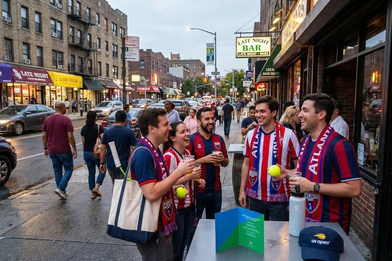 A bright Queens local-life scene connected to Atlante America Soccer Fans Finding Queens US Open Bars.