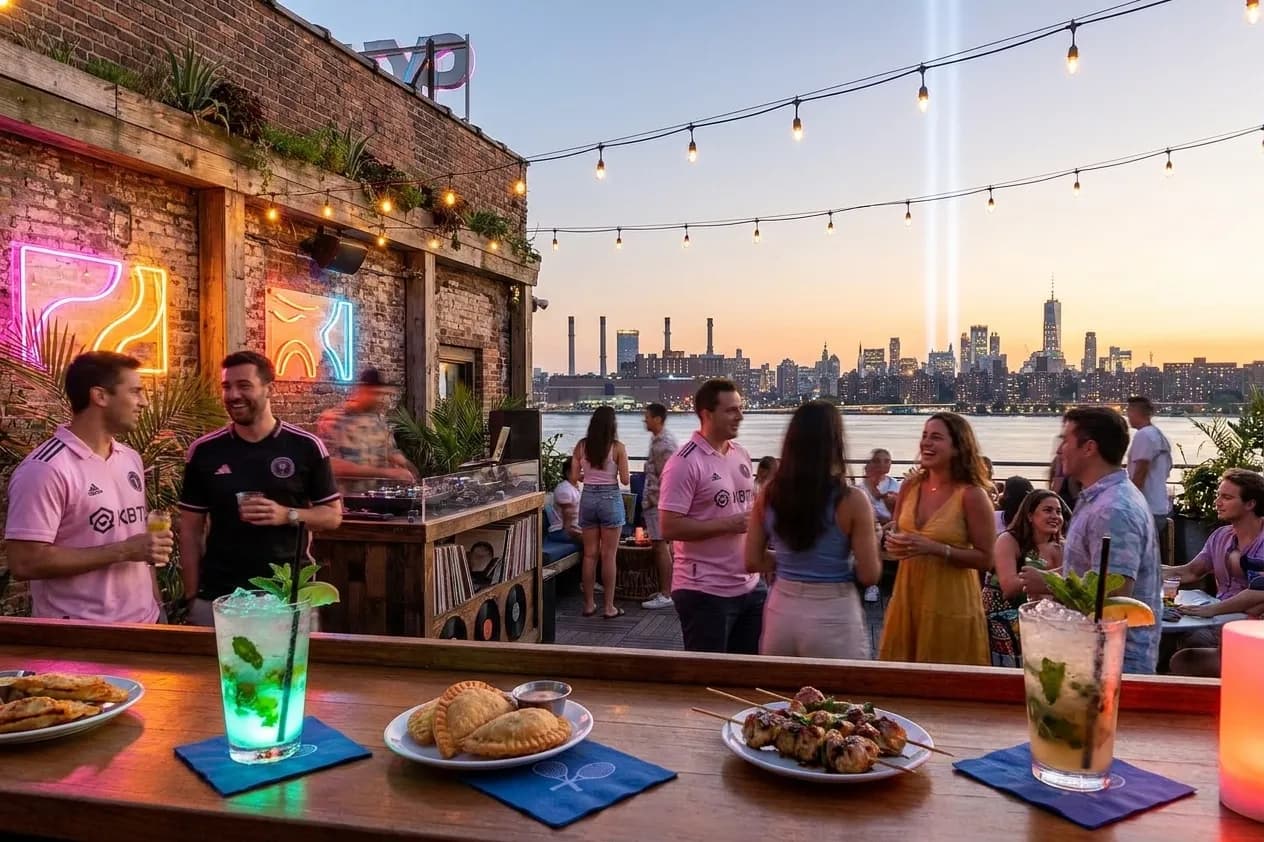 A bright New York local-life cover for Inter Miami Fan Culture at NYC Bars During US Open, inspired by long island city skyline night.