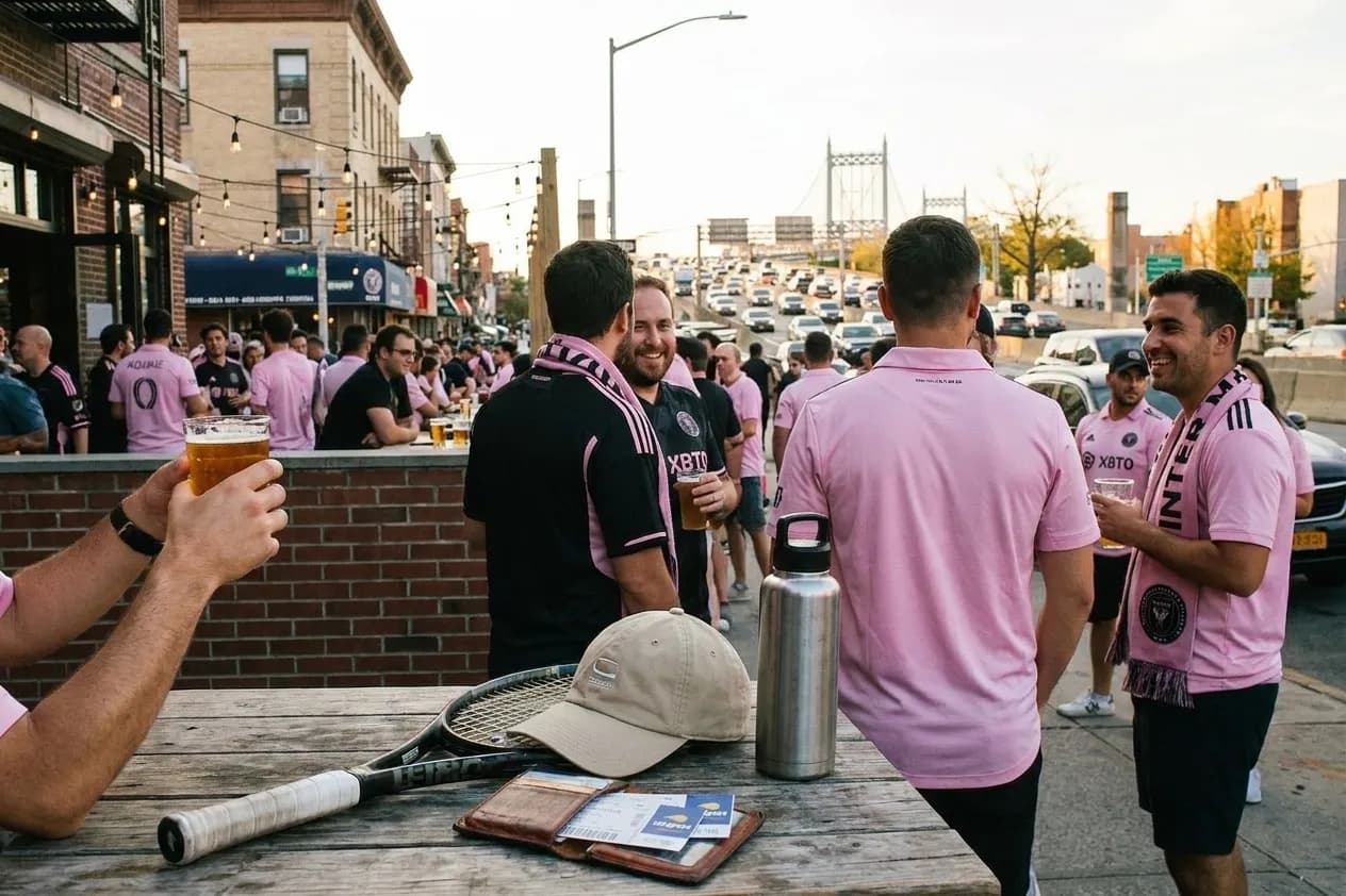 A bright Queens local-life scene inspired by astoria queens street night, with subtle US Open details.