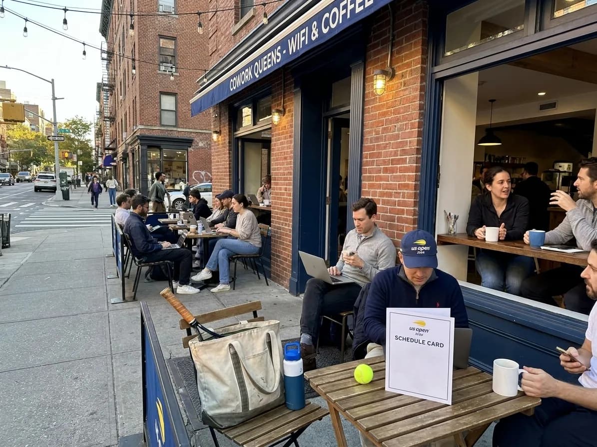 A bright Queens local-life scene connected to Telegram Group Meetups: NYC Coworking Cafes Near 2026 US Open.